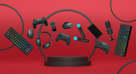 Multiple gaming devices and accessories floating above podium against abstract background, concept of modern gaming tech