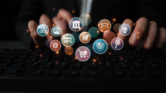 Set of business and digital service icons representing finance, cloud, analytics, email, communication, ecommerce, cybersecurity, and global connectivity in a modern ecosystem Marrow - Powered by Adobe