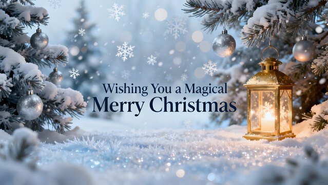 Christmas background image depicting a serene snowy winter scene with glowing lantern, silver ornaments, pine trees, magical holiday greetings.