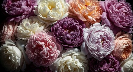 A lush and romantic arrangement of peony flowers in various shades of pink, peach, and white, creating a soft and dreamy aesthetic