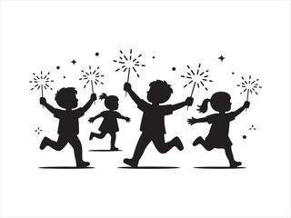 Silhouette of Children Running with Sparklers at Celebration Party For New Year