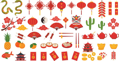 Chinese New Year icon set—green snakes, lanterns, fans, food, coins, and festive symbols for cultural celebration and prosperity visuals
