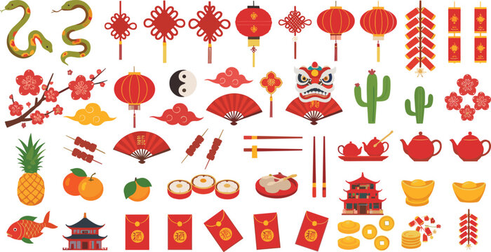 Chinese New Year icon set&mdash;green snakes, lanterns, fans, food, coins, and festive symbols for cultural celebration and prosperity visuals