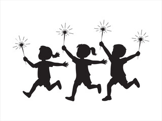 Silhouette of Children Running with Sparklers at Celebration Party For New Year