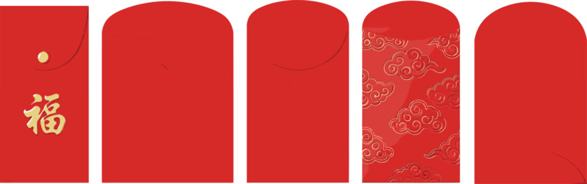 Chinese New Year icon vector—five red envelopes with 福 character, cloud motifs, and embossed patterns for festive gifting visuals