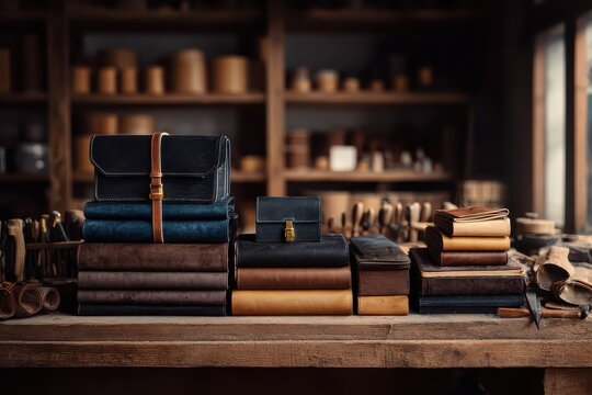 Leather goods stacked on a wooden shelf in a workshop showcasing craftsmanship and design aesthetics