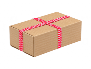 Brown cardboard box with red and white string tied in cross pattern, isolated on transparency background, perfect for gift, shipping, or packaging concepts, simple and festive