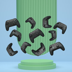 Colorful gaming controllers joystick levitating over podium against abstract background, minimalist concept device on pedestal