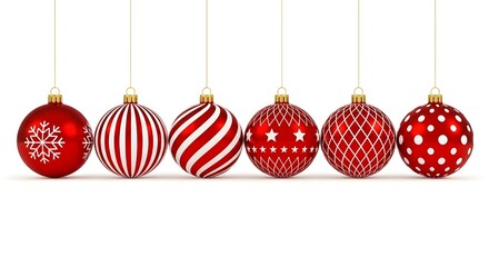 Vibrant red holiday baubles with various patterns hanging in a row, perfect for festive seasonal decor