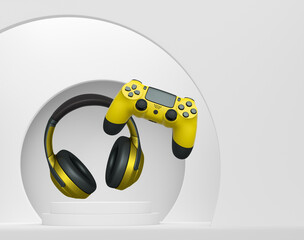 Wireless gaming controller and headphones displayed over podium on abstract background, concept of modern gaming technology