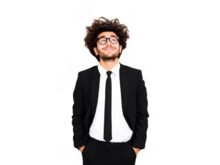 Young man with curly hair wearing glasses and black suit with white shirt and black tie, smiling and looking up, isolated on transparency background