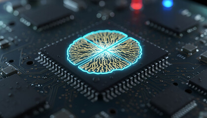 Intricate circuit board showcasing a glowing microchip, ideal for technology articles, electronics ads, or educational materials.