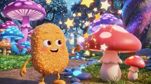 Animated orange character in fantasy forest with illuminated mushrooms