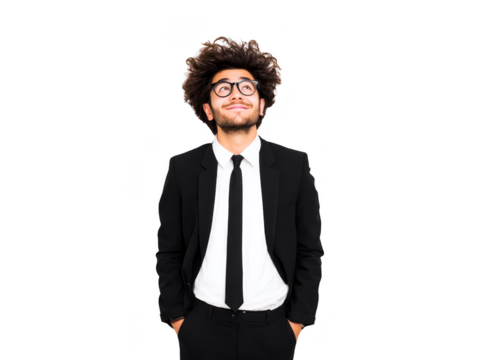 Young man with curly hair wearing glasses and black suit with white shirt and black tie, smiling and looking up, isolated on transparency background