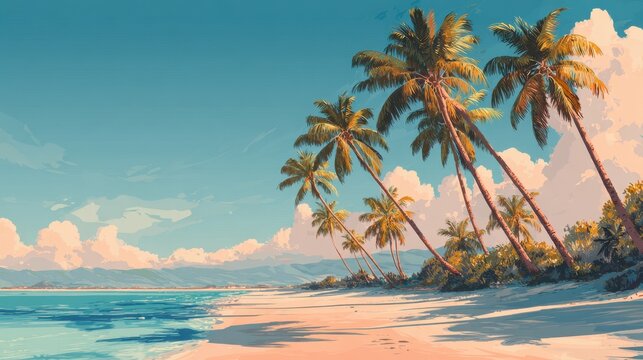 Chill lofi radio vibes with tranquil beach scene and swaying coconut trees under a bright sky
