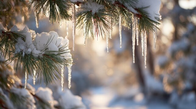 Snow-covered pine branches with icicles create a peaceful winter scene in a forest at dawn, showcasing nature's beauty and tranquility during the cold season