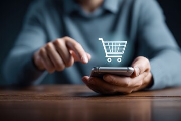 Young man engages with smartphone while shopping online at home with a shopping cart icon displayed on the screen during evening hours