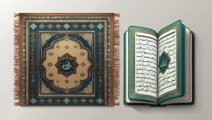 Fototapeta premium Traditional prayer rug with intricate motifs and an open holy book placed at the top, symbolizing devotion and worship.