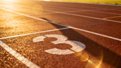 Close-up of a running track lane marked with number three, bathed in warm sunset light, perfect for sports-themed designs or athletic promotions.