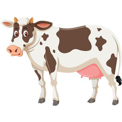 Illustration of a Brown and White Cow with Pink Udder and Horns Standing on a Transparent Background
