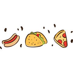 Illustrated Fast Food Trio Hot Dog Taco Slice of Pizza with Pepperoni on White Background
