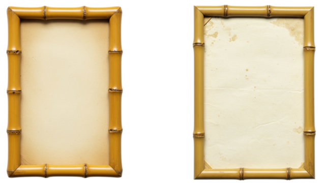 Isolated vertical bamboo stick frame surrounding clean aged paper with corner ties, showcasing a rustic, natural, and tropical design