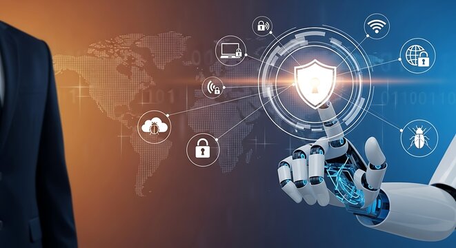 Cybersecurity and Artificial Intelligence Concept with Robot Hand Pointing at Shield - Powered by Adobe