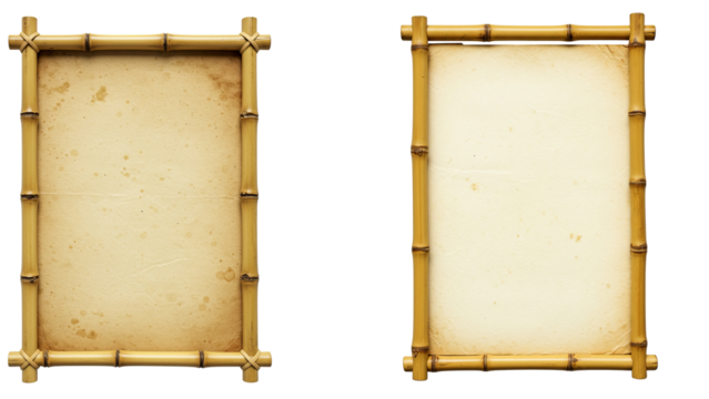 Isolated vertical bamboo frame surrounding heavily stained and distressed parchment paper, showcasing a deeply textured, rustic, and antique look.