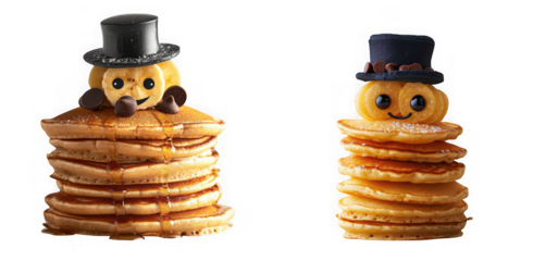 Two stacks of pancakes decorated as cute figures with top hats, isolated on transparent background