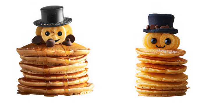 Two stacks of pancakes decorated as cute figures with top hats, isolated on transparent background
