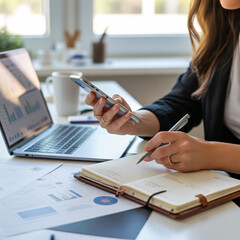 Close-up: Businesswoman's hands multitasking on white desk. Smartphone, notebook, laptop. Productive home office with natural light, coffee.