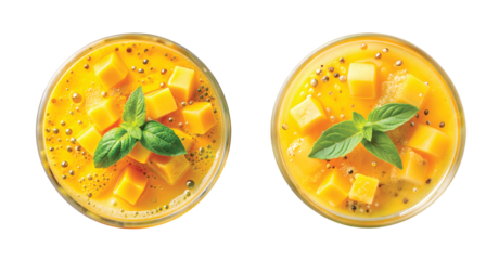 Tropical Mango Fizz Delight: Top view of bright yellow mango soda with tiny bubbles, mango cubes and basil seeds floating, PNG cut out.