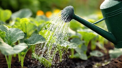 Watering green seedlings in a garden with a watering can during a sunny day