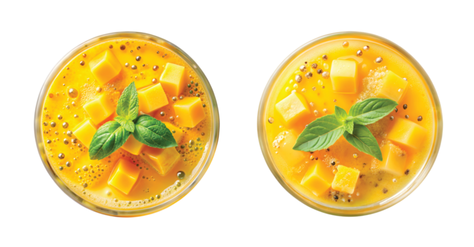 Tropical Mango Fizz Delight: Top view of bright yellow mango soda with tiny bubbles, mango cubes and basil seeds floating, PNG cut out.