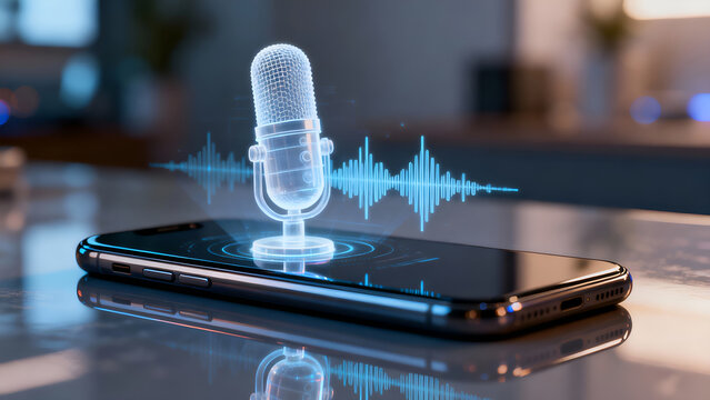 Smartphone showcases a holographic microphone and sound wave visualization, perfect for highlighting voice command innovations.