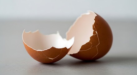 Cracked brown eggshell halves on a neutral surface 