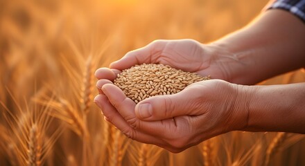 Farmer's hands holding a handful of golden wheat grains in a field
