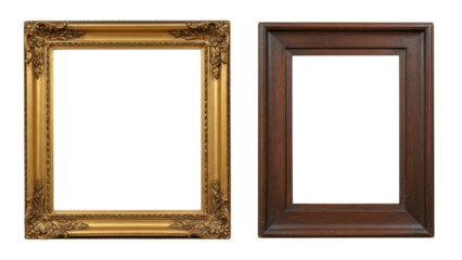 Paired gold and dark wooden frame set featuring traditional carved borders and perfect symmetry for a classic and ornate vintage look.