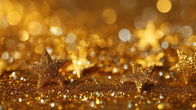 Festive gold background with shimmering stars and soft bokeh for celebration invitations or events