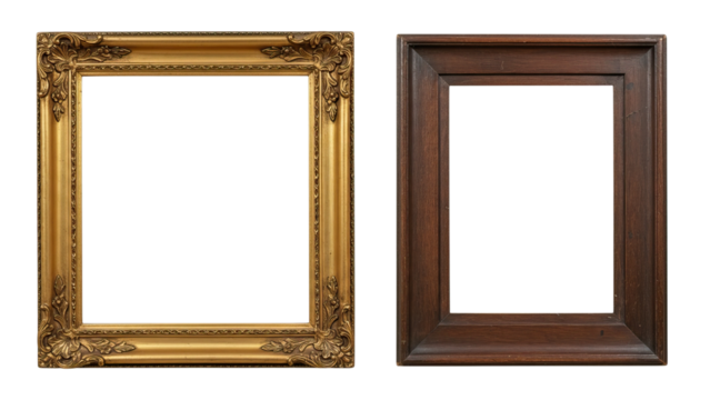Paired gold and dark wooden frame set featuring traditional carved borders and perfect symmetry for a classic and ornate vintage look.
