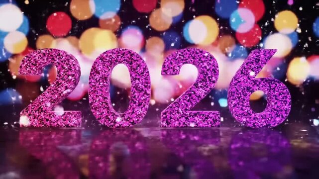 Image is a vibrant and colorful digital artwork featuring the numbers '2026' prominently displayed in the center. Each number is styled with a glittery texture, transitioning through a spectrum of col