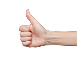 Thumb up hand gesture isolated on transparency background, symbolizing approval, agreement, success, encouragement, and positive emotion, close up of adult human hand