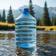 Refreshing water bottle in clear mountain stream, nature scene