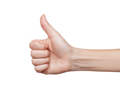 Thumb up hand gesture isolated on transparency background, symbolizing approval, agreement, success, encouragement, and positive emotion, close up of adult human hand