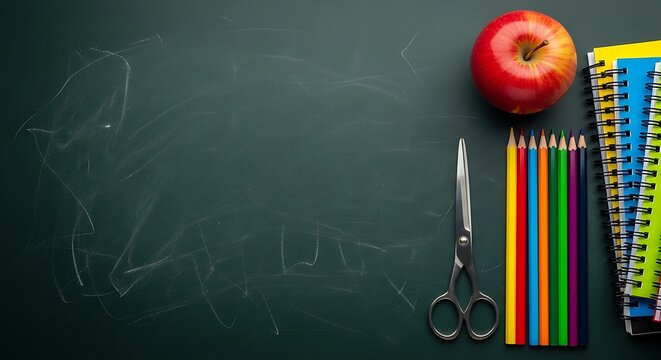School Supplies on a Green Chalkboard with Copy Space apple