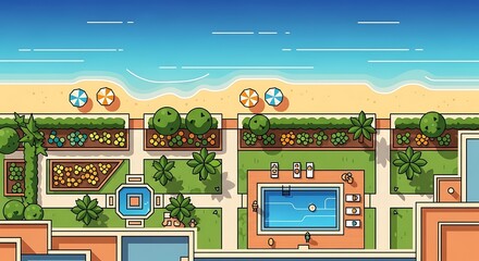 Aerial View of a Beachfront Resort with Pool and Coastal Scenery