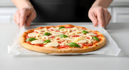 Hands holding freshly baked pizza on parchment paper, showcasing homemade meal with melted cheese and basil, creating a warm and inviting atmosphere.