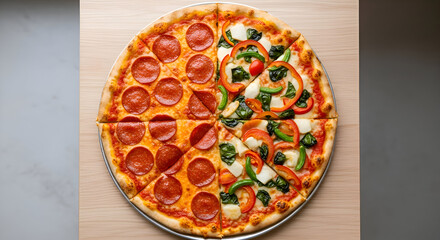Delicious pizza sits on a metal tray, showcasing pepperoni and vegetable toppings on a wooden table, creating a tempting and appetizing scene.