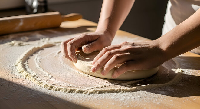Woman kneading dough on wooden table in sunlit kitchen, preparing homemade bread with love and care, creating a warm and comforting atmosphere.