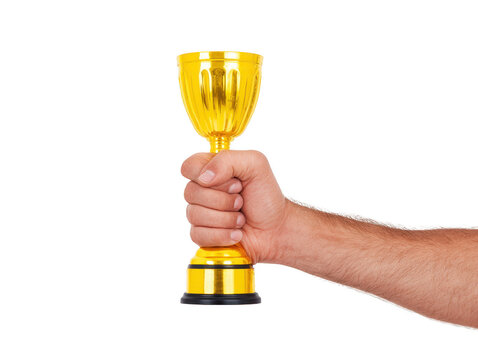 Hand holding golden trophy, symbolizing victory, achievement, and success, isolated on transparency background, with sense of pride and accomplishment, perfect for award or recognition concepts